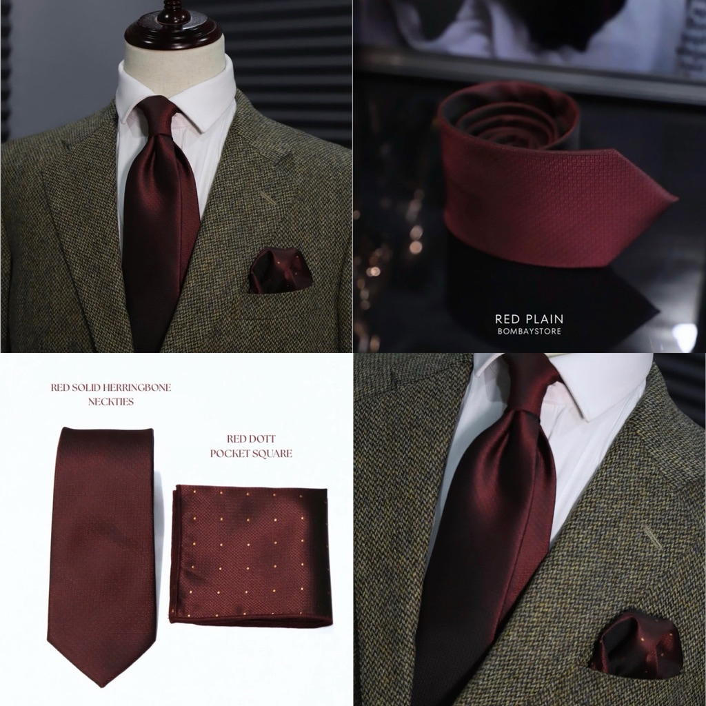 เนคไทด์สีแดงสีพื้นลายก้างปลา Red solid herringbone necktie