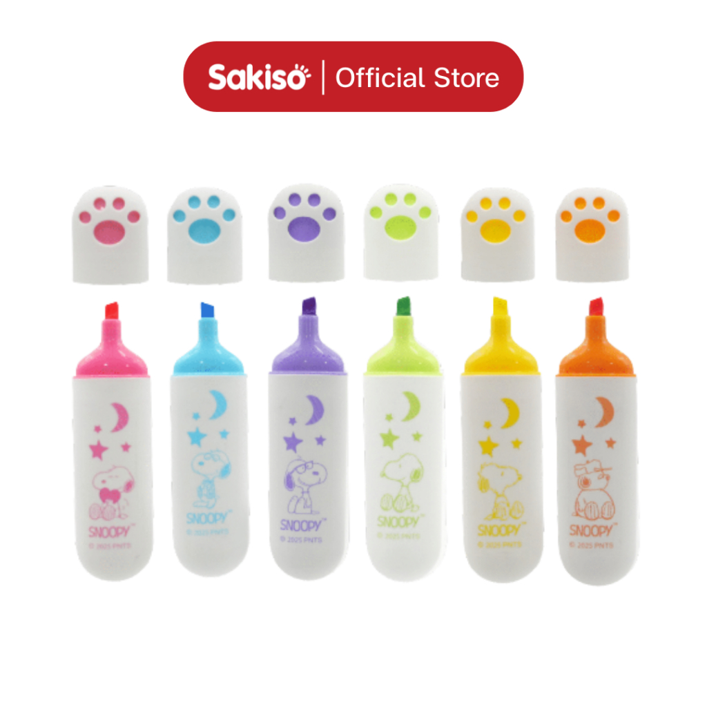 Sakiso [ยกแพ็คสูงสุด 12 ด้าม] ปากกาไฮไลท์หัวตัด Snoopy School Time สีคมชัด
