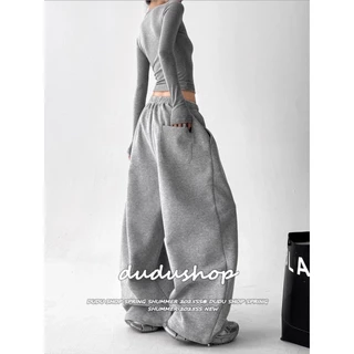 [Sporty Solid Color Two-Piece Set]เสื้อยืดแขนยาวผู้หญิงสไตล์เรียบง่ายและกางเกงขากว้างลำลอง ชุดสองชิ้นสีพื้น