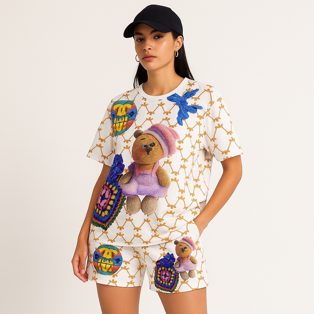 SGH0253 ชุดเซทเสื้อยืดแขนสั้นและกางเกงขาสั้นสไตล์เกาหลี ลายการ์ตูนหรือสปอร์ตแอนด์สตรีท สไตล์เข่า - รูปที่ 2