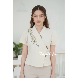 เสื้อผ้าฝ้ายป้ายข้างแขนสั้น ปักดอกไม้