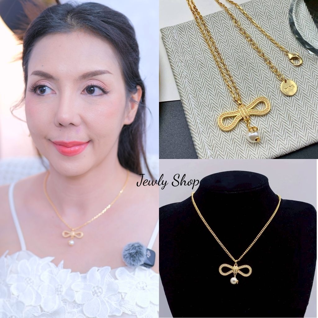 สร้อยคอ D สีทอง จี้โบว์ตกแต่งด้วยมุก  ตัวเรือนชุป 18k  น่ารักมากคุณหนูมากค่ะ ปั้ม (ด47)