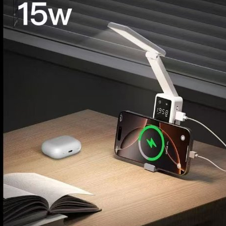 โคมไฟตั้งโต๊ะ LED มัลติฟังก์ชัน LS-168 (3-in-1) | นาฬิกาดิจิทัล | แท่นชาร์จไร้สาย 15W | พาวเวอร์แบงค