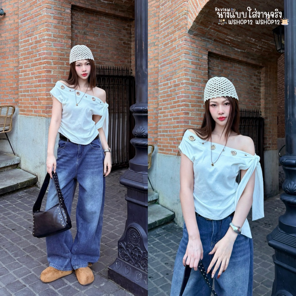 S87‘Eyelet bow เสื้อปาดไหล่แต่งห่วงดีเทลผูกโบว์ไหล่  แมทช์ยีนส์สวย Korean chic 3สี