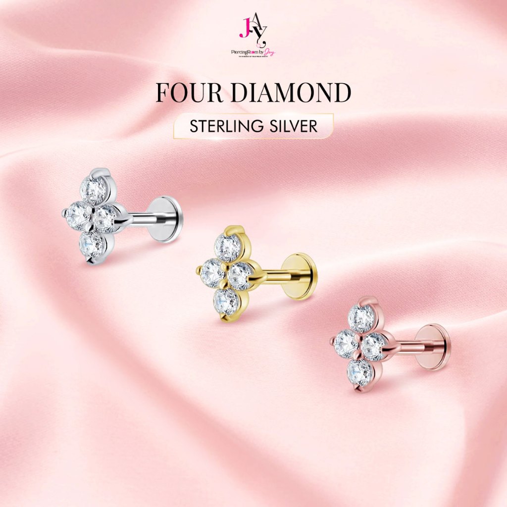 ต่างหูเงินแท้ Four Diamond CZ Flat Back แป้นแบน สำหรับผิวแพ้ง่าย (ราคาต่อชิ้น) Piercingroom by Jay