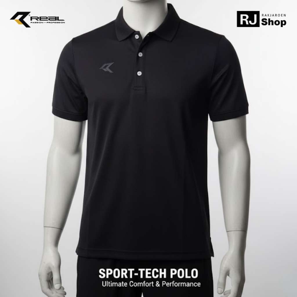เสื้อโปโล สีดำ แขนสั้น REAL รุ่น RAC-15 / RAC-99A  โลโก้ปักสีเดียวกับตัวเสื้อ มี 2 เนื้อผ้าให้เลือก
