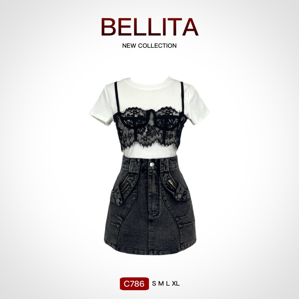 C786 BELLITA ชุดเซ็ท 2 ชิ้น เสื้อ+กระโปรงยีนส์ ชุดผู้หญิง ชุดเที่ยว คาเฟ่