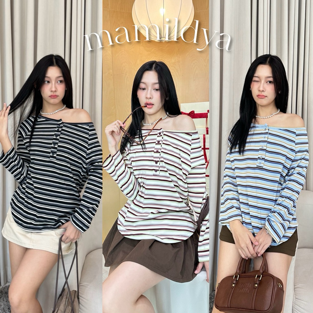 🌟Mamildya.shop🌟 เสื้อปาดไหล่แขนยาว เนื้อผ้านุ่มยืดได้เยอะ/ E1-4/COOK-ปาดขวาง⚫