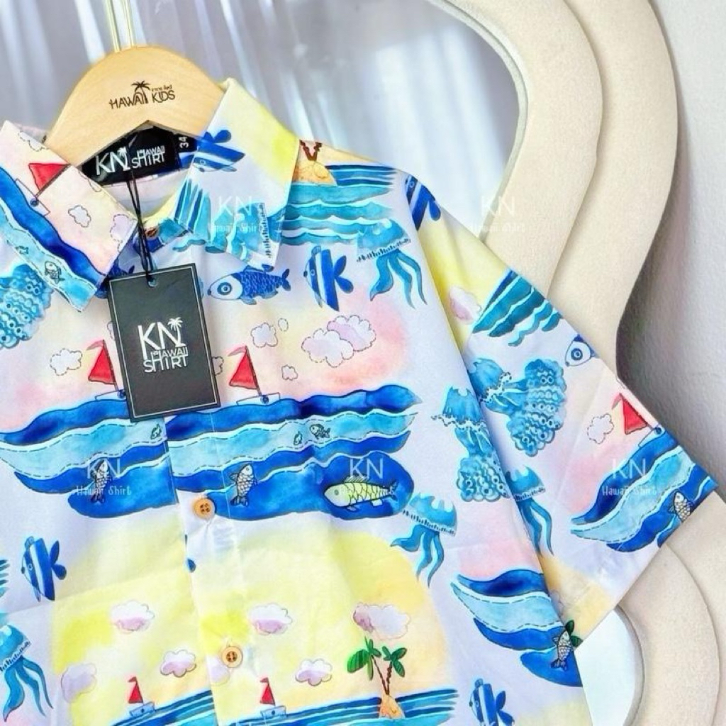 ราคาส่ง เสื้อฮาวายพิมพ์ลายท้องทะเล ทรงโอเวอร์ไซส์ อก28-46 ใส่ได้ทั้งครอบครัว