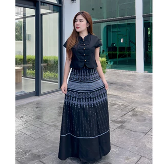 ชุดเซทเสื้อผ้าฝ้ายคอจีน กระโปรงลายไทยทรงย้วยงาน8ชิ้นตัวยาว