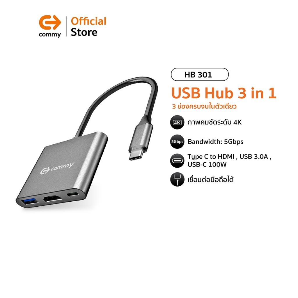 Commy USB Hub 3 ช่อง type c 3 Ports Adapter (HB 301) type c to hdmi รองรับการใช้งาน HDMI 4K hdmi ฮับ