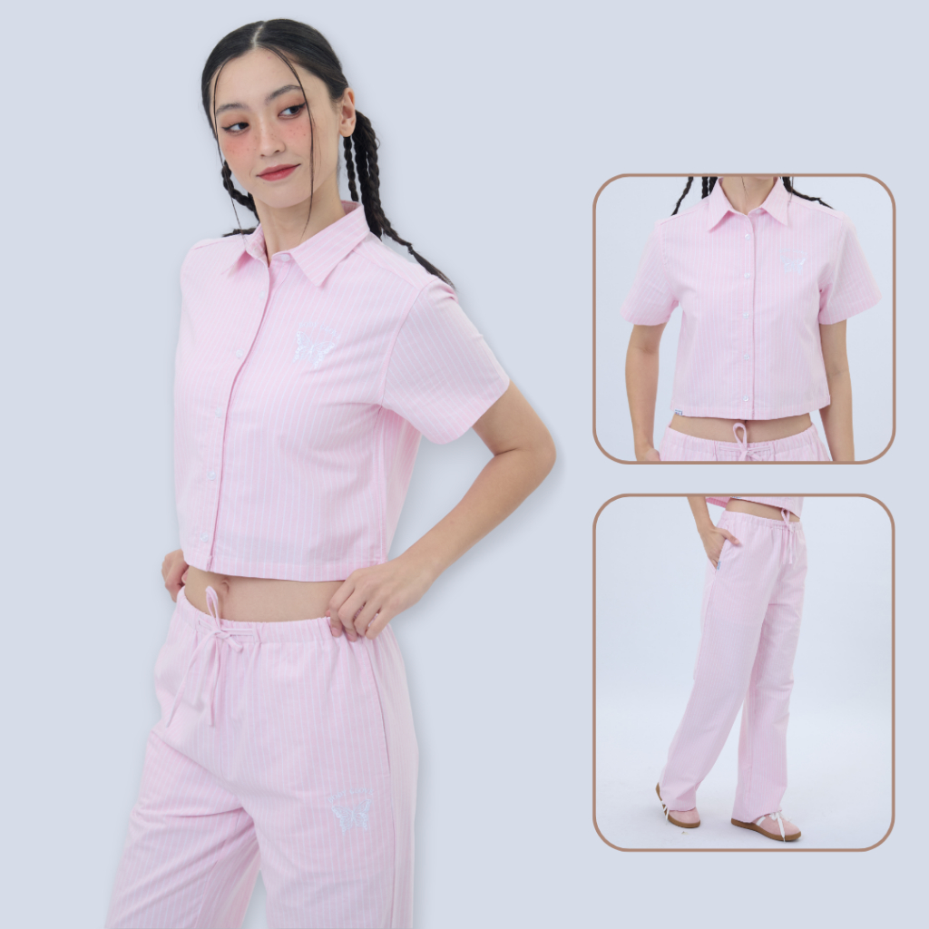 BODY GLOVE Women's Mystic Vibes Stripe Shirt & Pants เสื้อเชิ๊ต-กางเกงขายาว ลายทาง สีชมพูอ่อน
