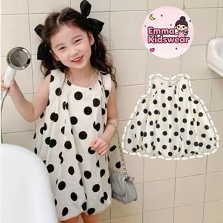 💗EK👧🏻ชุดเดรสกระโปรงแขนสั่น ลายจุดสีดำ สไตล์เกาหลี ชุดเดรสสำห…