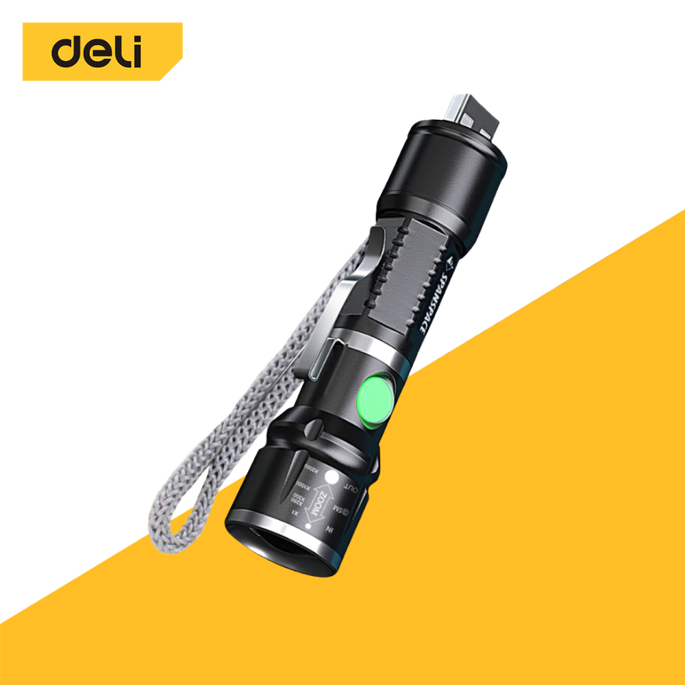 Deli ไฟฉายชาร์จไฟ ไฟฉายพกพา แบบชาร์จไฟได้ สําหรับเดินป่า ทนทาน กันน้ำ ปรับได้3แบบ ซูมได้ สว่างมาก พกพาสะดวก Flashlight