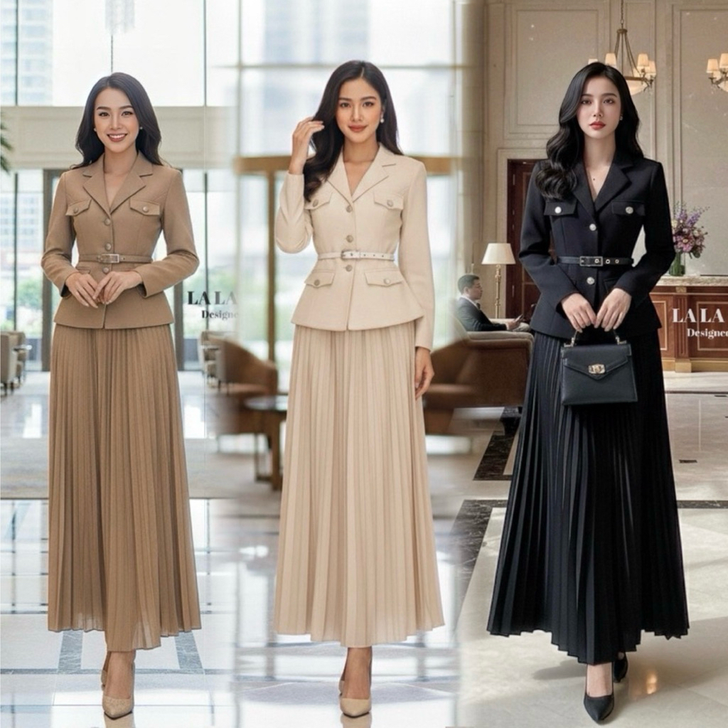 LA LA BELLE•เซต3ชิ้น เสื้อสูทคอวีกระดุมหน้า +กระโปรงอัดพลีท+พร้อมเข็มขัดหนังเข้าชุด