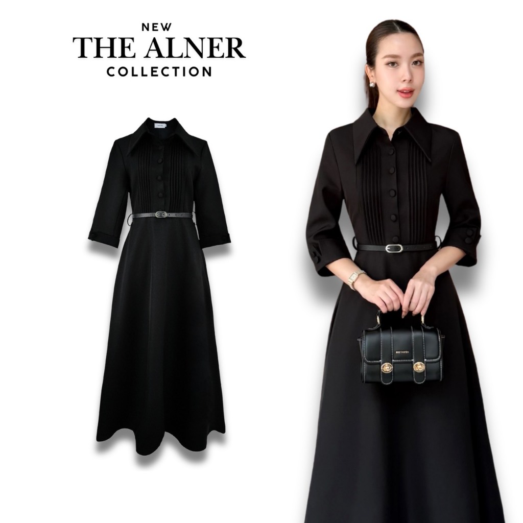 Thealner-AN163 (เดรสดำคอปกตีเกล็ดหน้า+เข็มขัด)