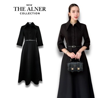 Thealner-AN163 (เดรสดำคอปกตีเกล็ดหน้า+เข็มขัด)