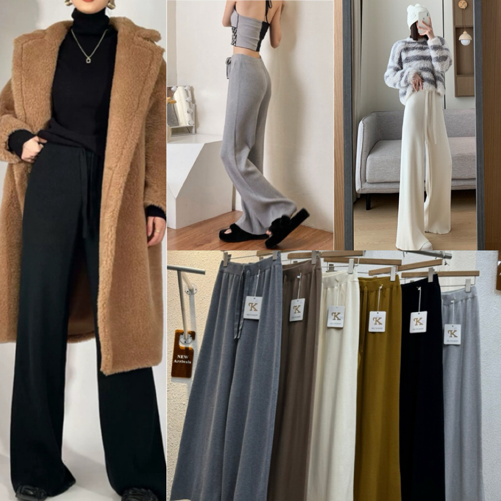 8916 กางเกงขายาว pants knit กางเกงผ้า นิตติ้ง ไหมพรม ผ้าดี ไม่ยับ หนา
