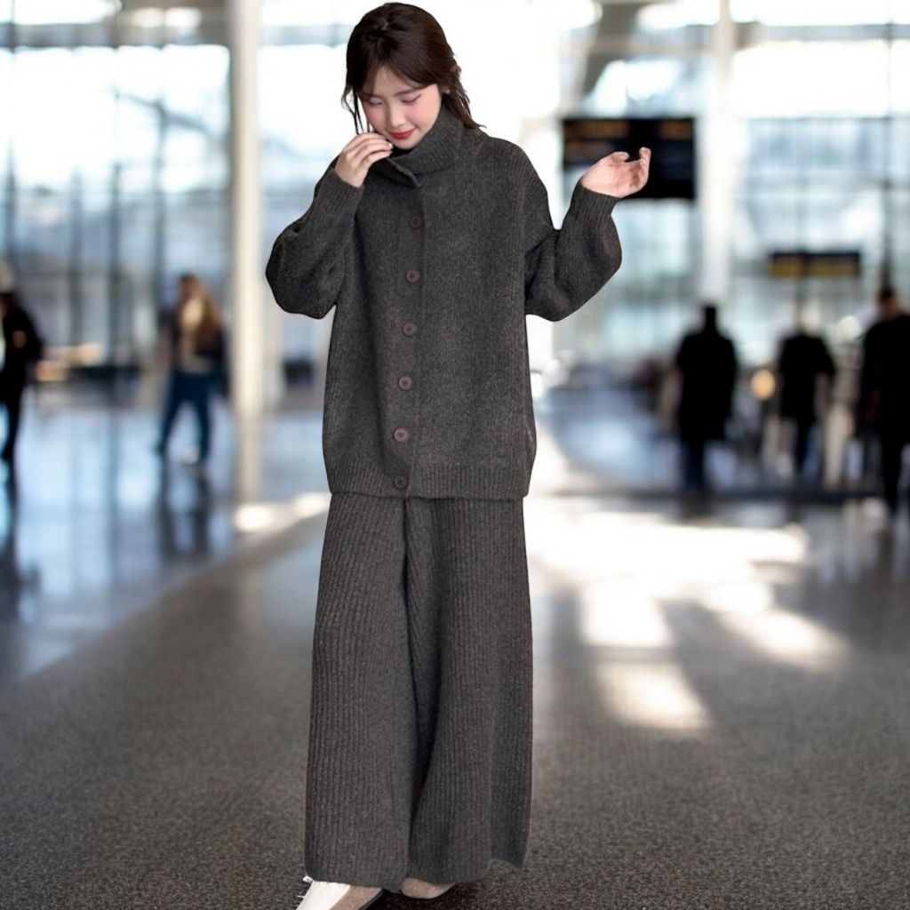 HP60 Airport look ทรงสวย ผ้าไหมพรม อุ่น หนา เสื้อกระดุมผ่าหน้า ใส่แบบคอปกหรือติดกระดุมเป็นคอตั้งก็ได้ กางเกงทรงขากว้าง - รูปที่ 3