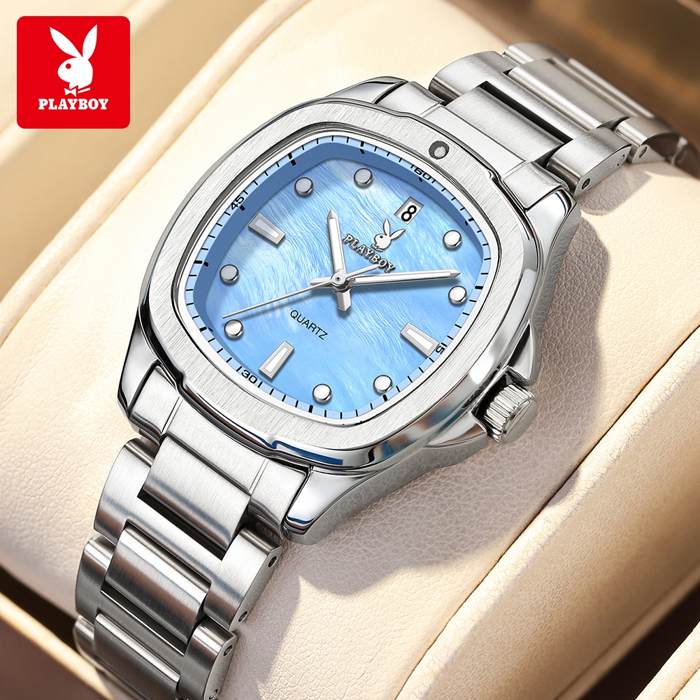 PLAYBOY นาฬิกา ผู้หญิง ต้นฉบับ กันน้ำ 100% แถบสแตนเลส แฟชั่น สีน้ำเงิน หน้าปัดสแควร์ 3529