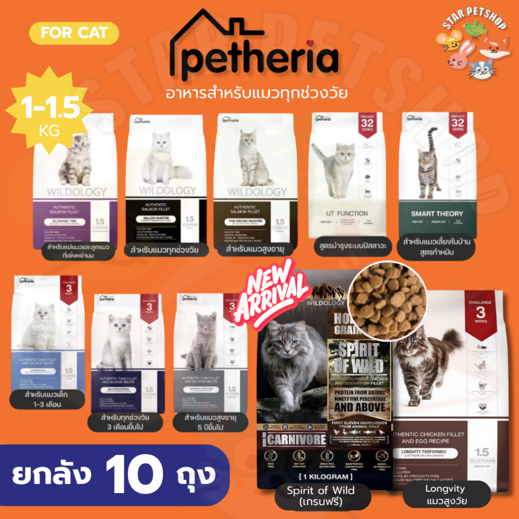 ยกลัง10ถุง Petheria อาหารแมว เพ็ทเทอเรีย ครบทุกสูตร ทุกช่วงวัย เกรนฟรี กลูเตนฟรี 15 Kg
