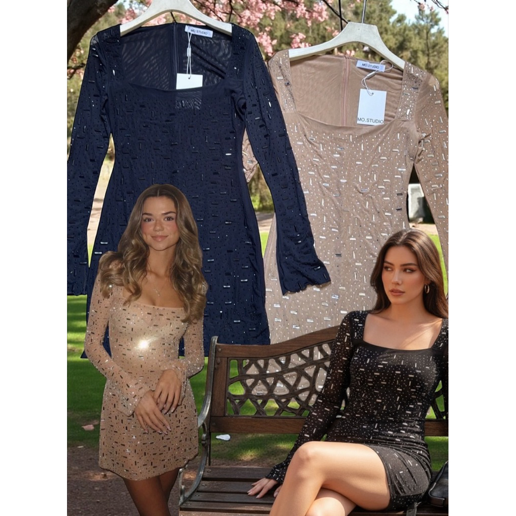 Glitter diamond dress🪩✨(690฿) mo.studio พร้อมส่ง !!!! เดรสเเขนยาว คอสี่เหลี่ยม รีดเพชร เพชรวิบวับเยอ