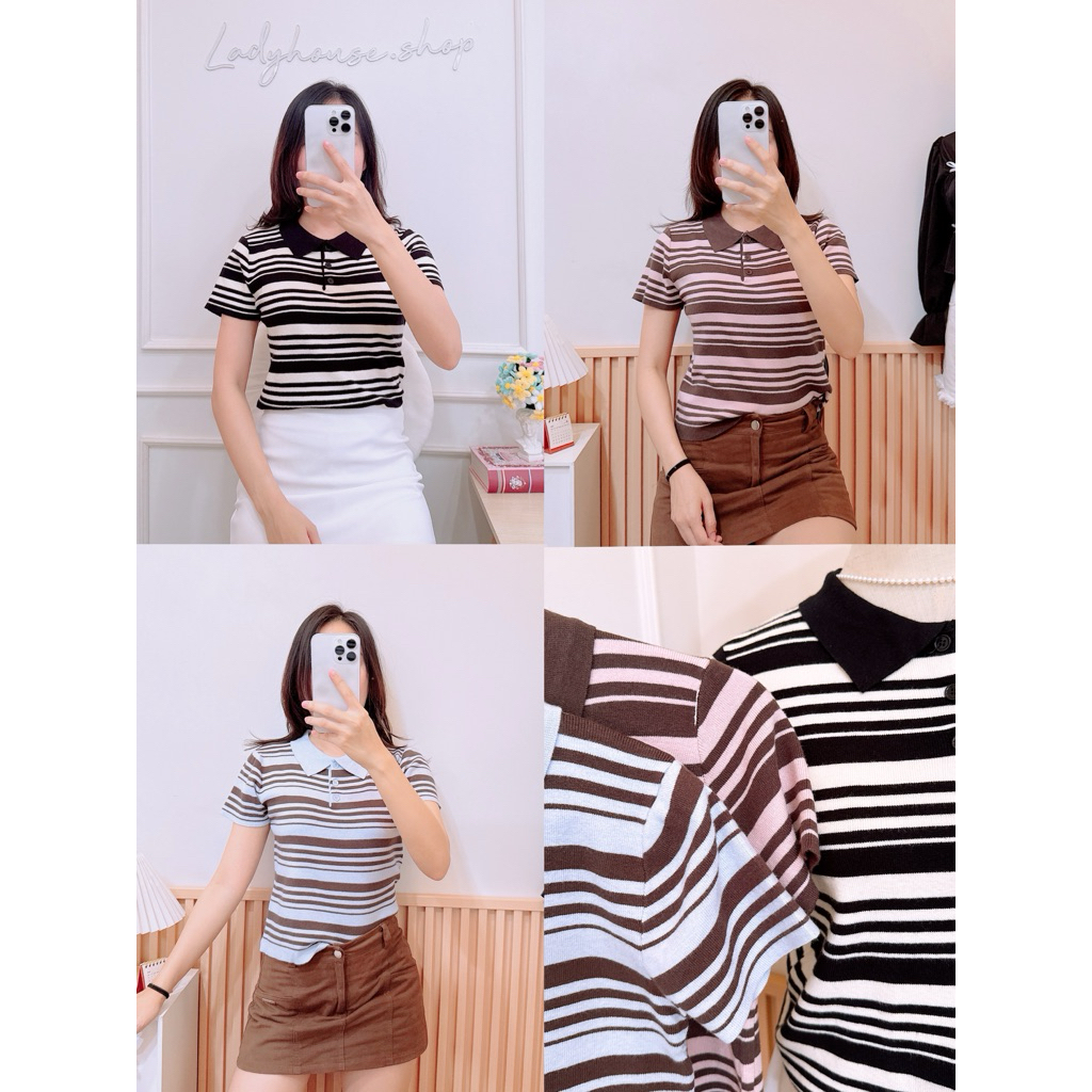 เสื้อไหมพรมคอปก ลายขวาง ผ้านิ่มมากกก🍞🍞