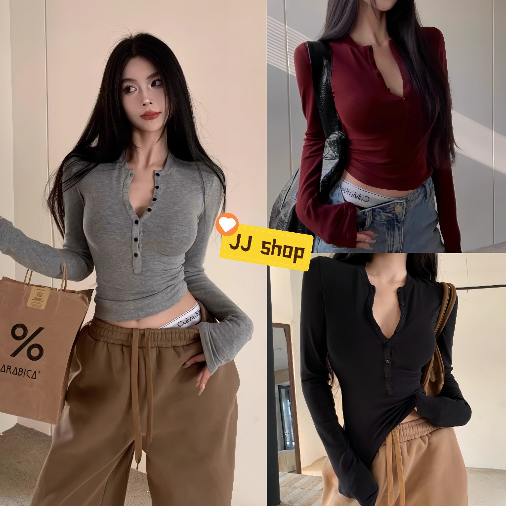 JJ shop 💜พร้อมส่ง เสื้อคอวีแขนยาว กระดุมด้านหน้า น่ารักมากๆ ผ้านุ่มยืดพอดีตัว "FY651"