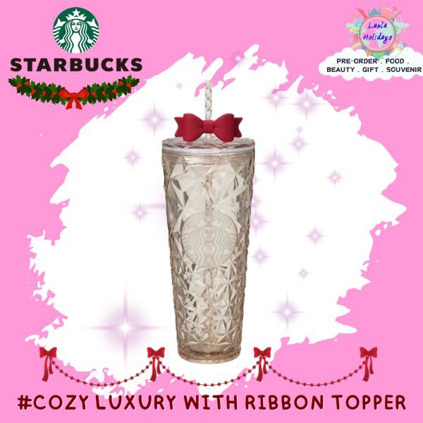 แก้ว Starbucks; Cozy Luxury with Ribbon Topper Cold Cup 24oz. ทัมเบลอร์สตาร์บัคส์พลาสติก ขนาด 24ออนซ