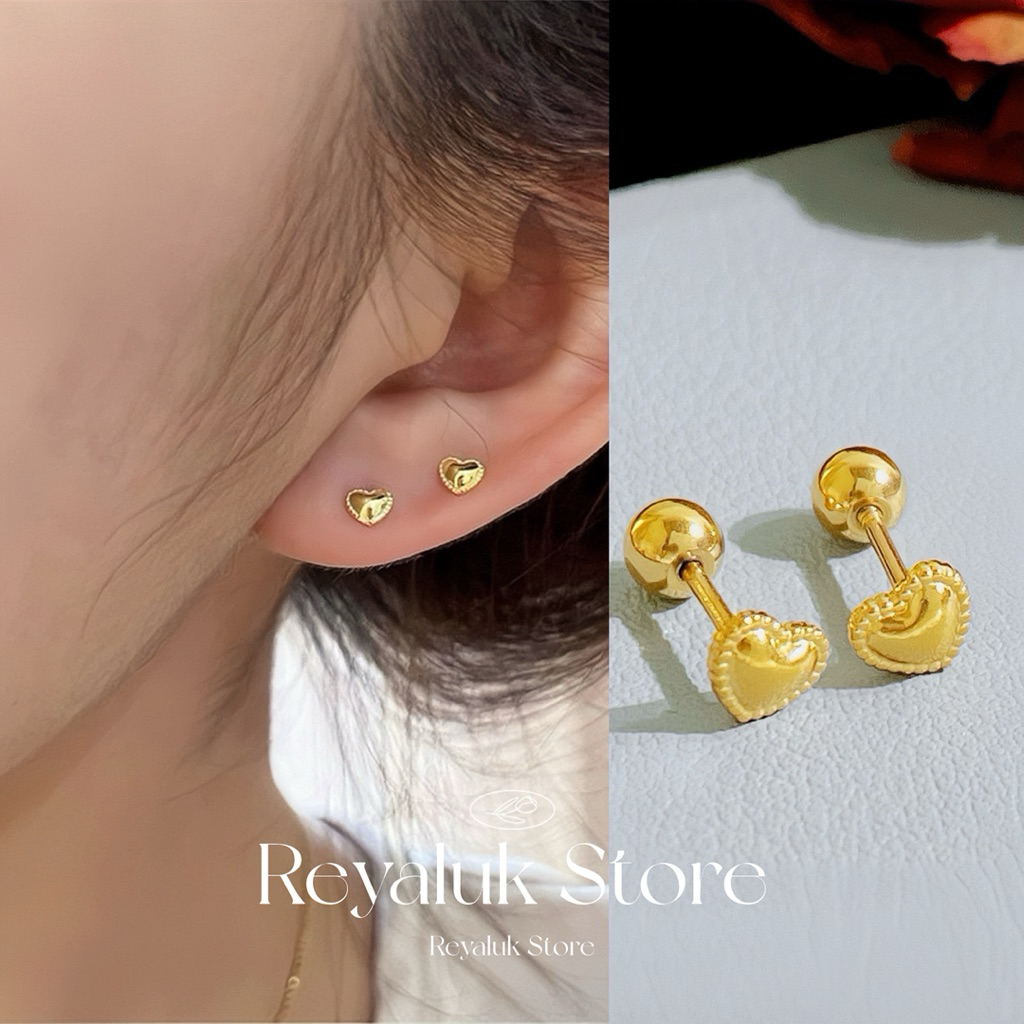 ต่างหูหัวใจทอง 18K มินิมอล จิวหมุน ตัวเรือนสแตนเลส ก้านเงินแท้ ใส่ได้ทุกวัน ไม่แพ้ ไม่ลอก