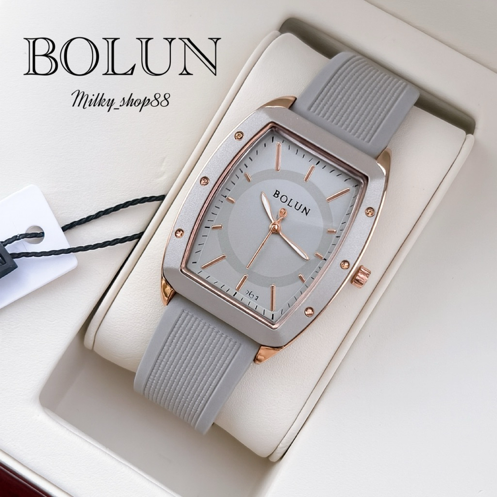 (M69) นาฬิกา BOLUN ทรงถัง ขอบโรสโกลด์ สายสิริโคนนุ่ม เรียบหรู ดูดี ระบบควอช