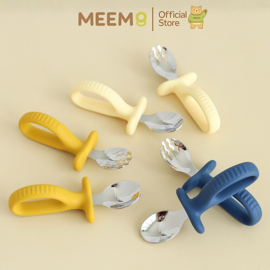 MEEM ช้อนส้อมฝึกทานอาหารเด็ก แบบห่วง ปลายสแตนเลส มีกันสำลัก รุ่น First step (Colorful Series)