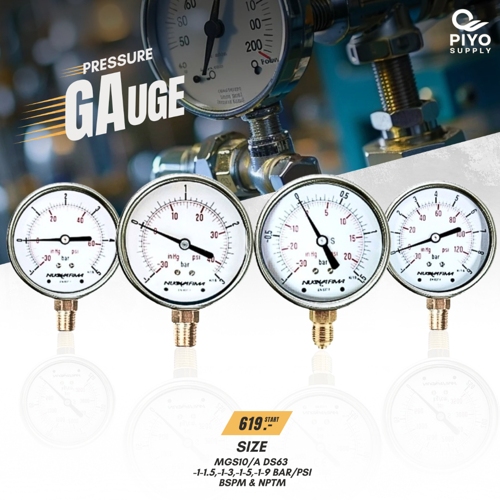 MGS10/A DS63 -1-1.5,-1-3,-1-5,-1-9 BAR/PSI เกจวัดเเรงดัน1/4" NPT/BSP มีน้ำมัน/ไม่มีนํ้ามัน ทองเหลือง
