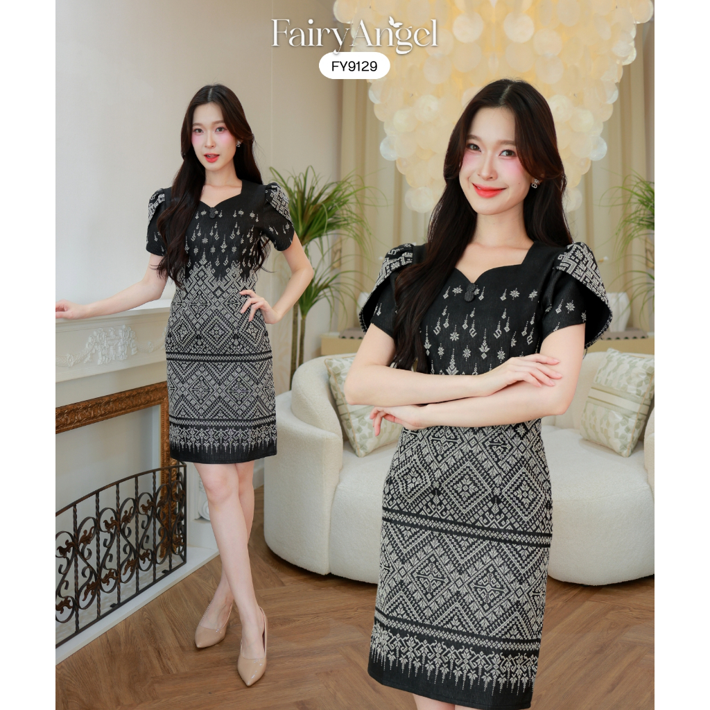 Fairyangelstore - เดรสผ้าทอแขนกลีบบัว (FY9129)