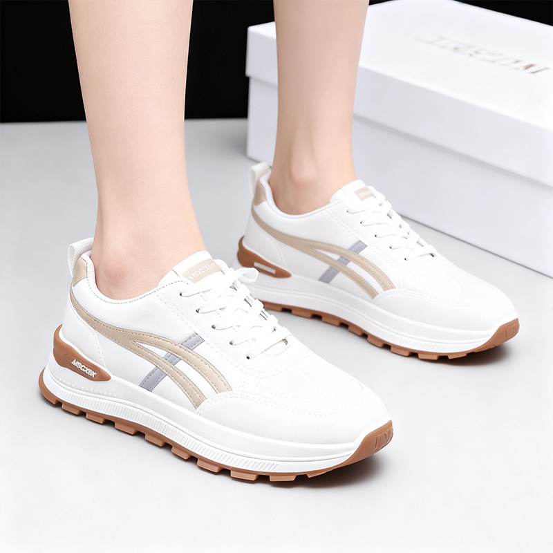 LGShoes รองเท้ากีฬาผู้หญิงหนังสีขาวกันน้ำ พื้นหนาเพิ่มความสูง ดูเพรียว เหมาะกับสาวตัวเล็กสุดๆ