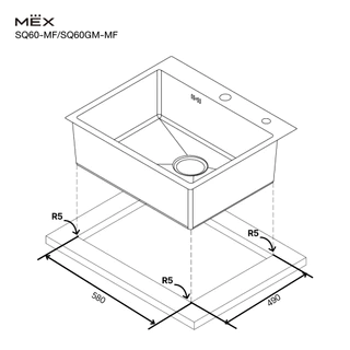 MEX รุ่น SQ60-MF อ่างล้างจาน 1 หลุม ขนาดอ่าง 55 x 40 ซม. สเตนเลส สตีล AISI 304