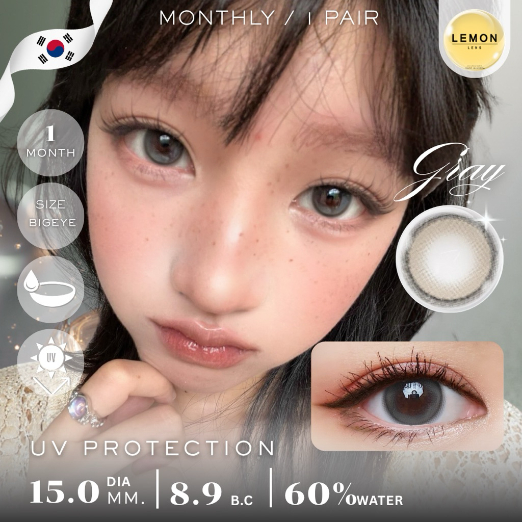 คอนแทคเลนส์รายเดือน GRAY DIA15.0💧water 65% silicone hydrogel [ขนาดลายโต] 0201-T