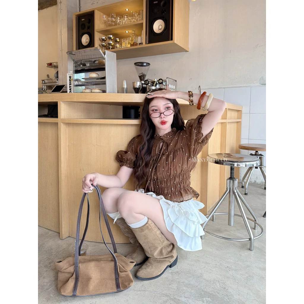 Puff Crop เสื้อครอปแขนตุ๊กตา ลายจุด จั๊มเอว thumbnail 3