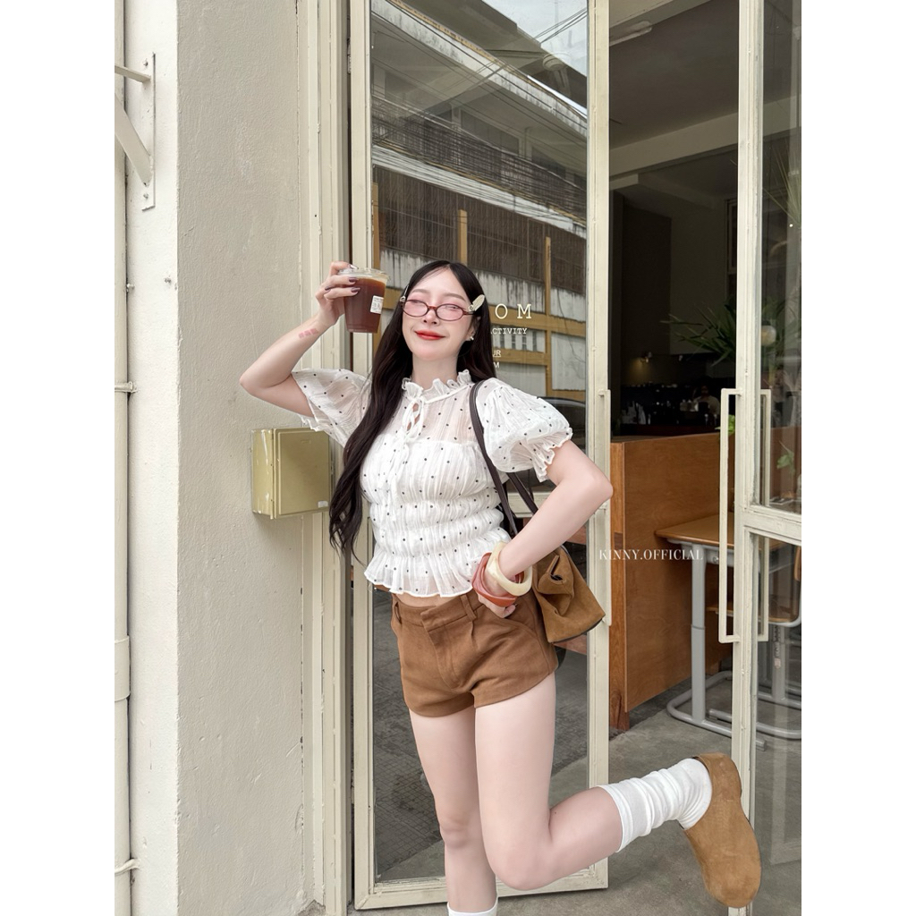 Puff Crop เสื้อครอปแขนตุ๊กตา ลายจุด จั๊มเอว - รูปที่ 4