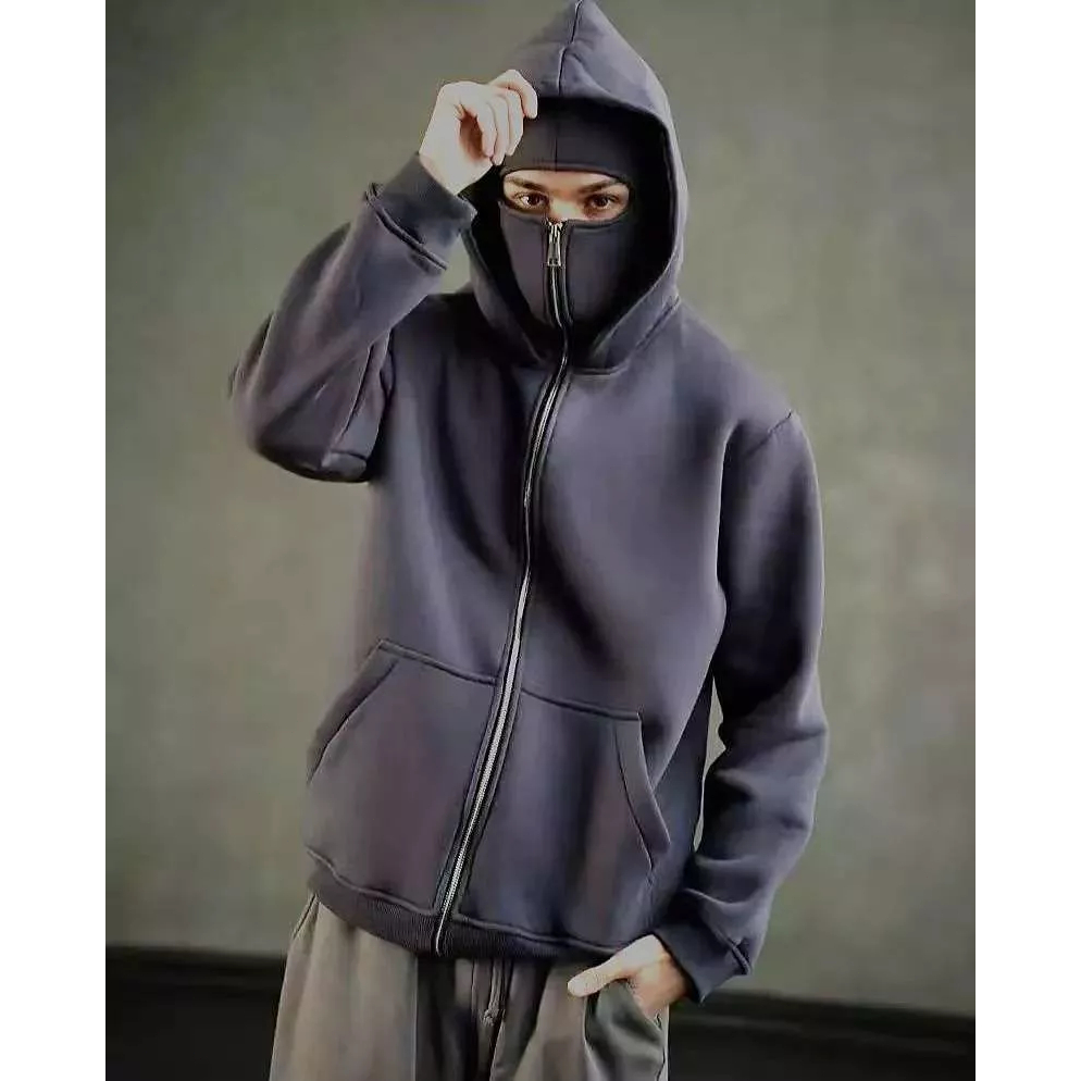 Boxy Form Ninja Zip Hoodie with 2 Balaclava Face Covers,Unisex Hoodie in Non-Ruffled ต่างประเทศขนแกะ