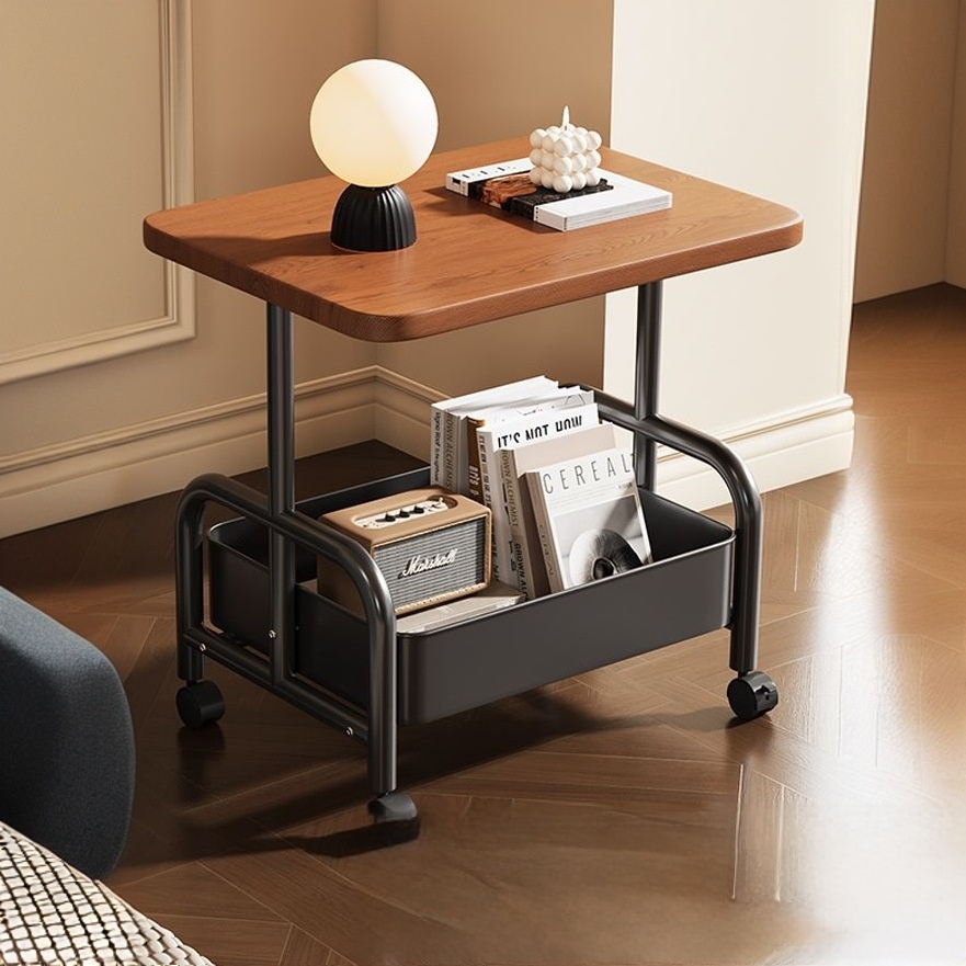 KUMALL โต๊ะข้างเตียง ขนาด 45x30x50.05 ซม. ขอบไม้โอ๊คสีดำ วัสดุไฟเบอร์บอร์ดและโครงเหล็ก ทนทานและแข็งแ