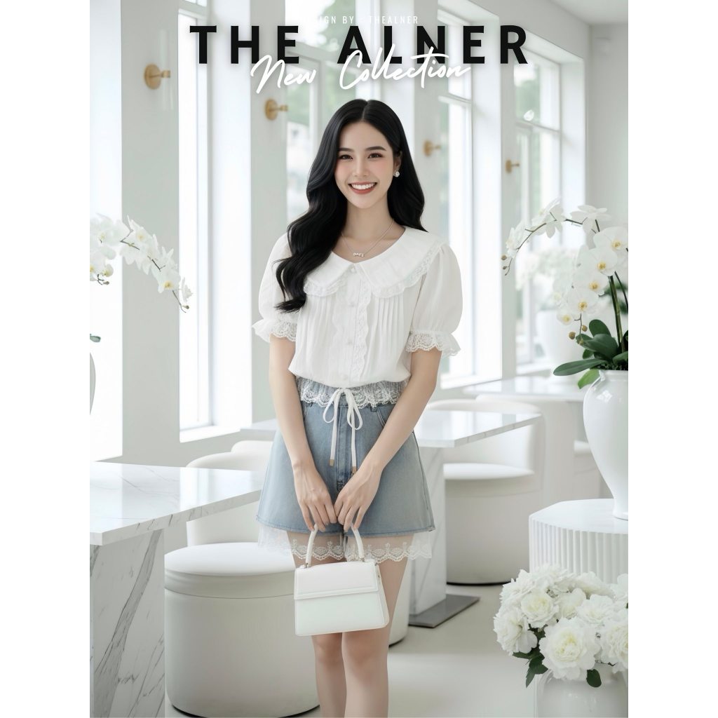 Thealner-AN781 (เซ็ตเสื้อขาวคอบัวแขนตุ๊กตาเเต่งกระดุมหน้า+กางเกงยีนส์ขาสั้น)