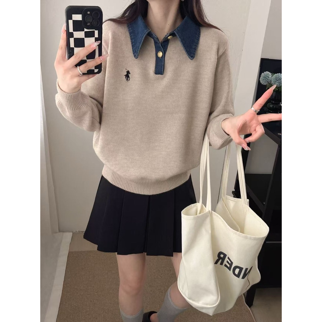 🌈🌿🌸🌺🌼🤎🖤🧡🇰🇷Knit Polo Rim Jeans Button Collar Long Sleeve Top