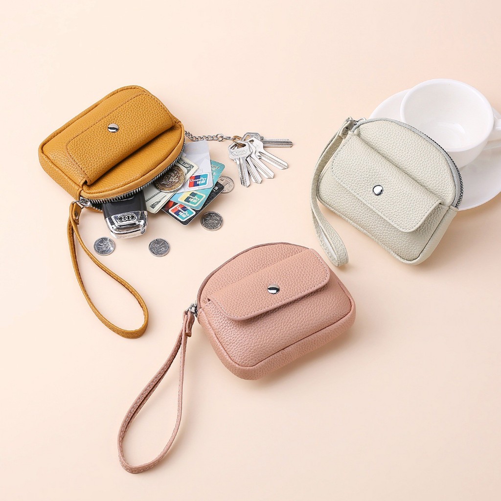 myspacefashion(MY2405) กระเป๋าสตางค์ใบสั้น+สายคล้องมือ มีช่องข้างหน้าใส่ของ ขนาด5นิ้ว หนังPU มี2ซิป