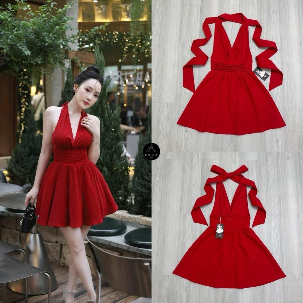 CODE-D CLOSETS มินิเดรสแดงคอวีเว้าลึกคล้องคอผูกโบว์ด้านหลัง โชว์หลัง ( มีซิปหลังซ่อนอย่างดี )