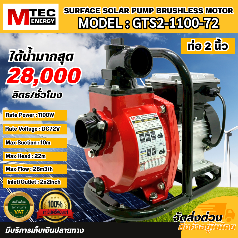 ปั๊มน้ำเพลาลอย โซล่าเซลล์ Model : GTS2-1100-72 1100W 72V ท่อขนาด 2 นิ้ว กล่องนอกมีระบบตัดการทำงาน