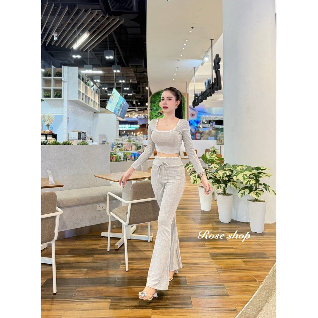Phapassz - เซท 2 ชิ้น เสื้อแขนยาว กางเกงขาม้าเอวดีเทลแต่งขอบลูกไม้ทรง Flared  ทั้งทรงสวย ขาดูยาวเพรียว #Ontop