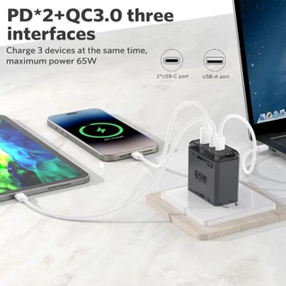 MEEGOO หัวชาร์จเร็ว 65W แบบ 3 พอร์ต GAN Fast Charger PD*2+QC3.0 ขาปลั๊กพับได้ สำหรับมือถือ แล็ปท็อป TISI STANDARD