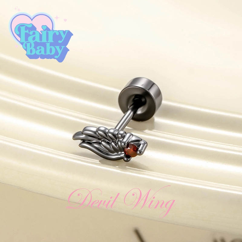 Fairybaby จิว Devil Wing ( 1 ชิ้น ) แป้นแบน จิวตุ้มหู รูปปีกนก ประกายแดง สายเท่ มาใหม่ 0.8 ยาว 6mm (J3-040)