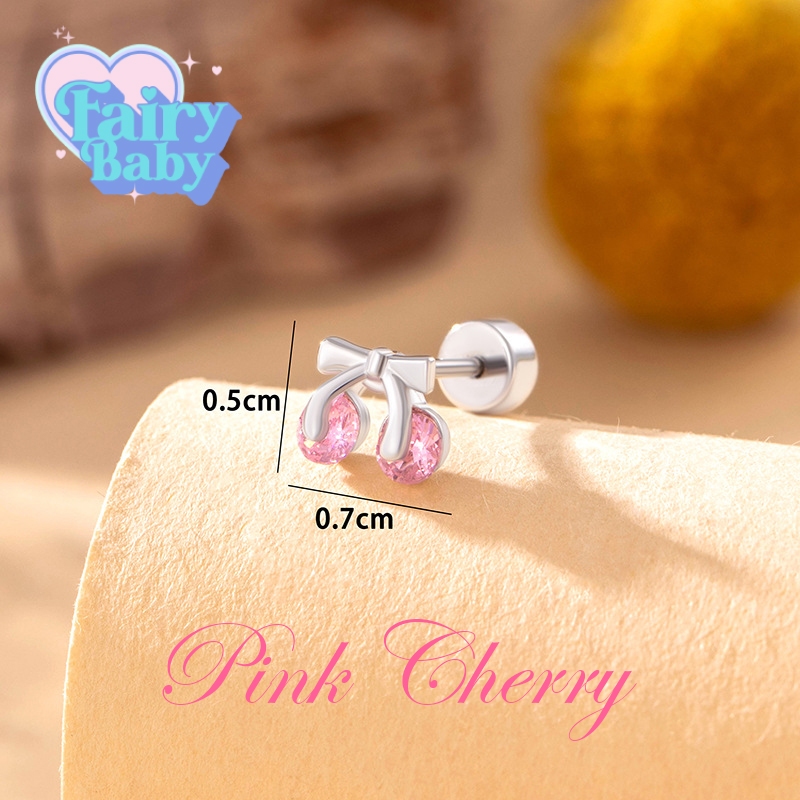 Fairybaby จิว Pink Cherry ( 1 ชิ้น) แป้นแบน รูปโบว์ เชอร์รี่ สีชมพู น่ารัก มาใหม่ หนา 0.8 ยาว 6 mm (J3-087)